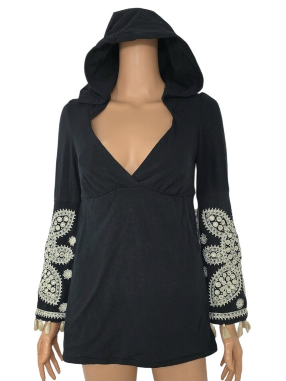 Vava‎ by Joy Han Black Hooded top with embroidered sleeves V Neck Boho  Size XS